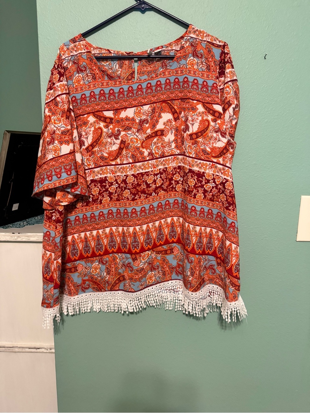 Fringed Paisley Tunic Top in Rust & Blue